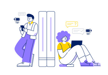A man and woman chat with an AI assistant online. Chatbot helps in work and study. Vector flat illustration isolated on a white background.