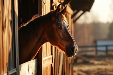 Fototapeta premium Beautiful horse in the paddock. The concept of breeding purebred animals, can be used for materials about equestrian sports, agriculture business and horse farm. 