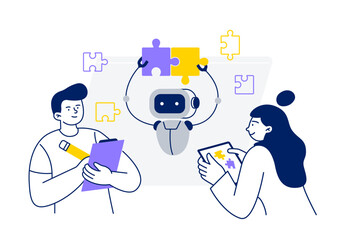 A man and woman interact with chatbot. Robot helps to find solutions, answers, and ideas. Vector flat illustration isolated on a white background.