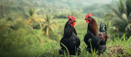 Fotobehang Black free-range farm chickens in nature against a backdrop of bright greenery in tropical countries © Tatiana