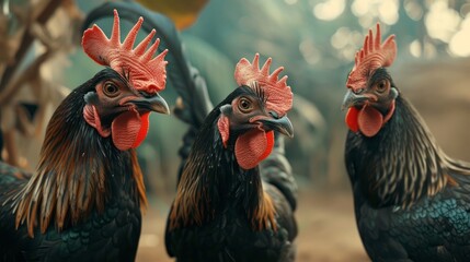 Black free-range farm chickens in nature against a backdrop of bright greenery in tropical countries - obrazy, fototapety, plakaty