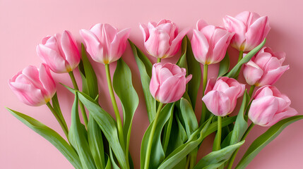 Fototapeta premium Delicate pink tulips arranged elegantly on a soft pink backdrop, forming a lovely bouquet suitable for celebrations such as birthdays or Women's Day, offering a charming flat lay view with room 