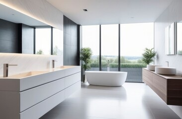 modern white bathroom interior with countertop basin, mirror and shower