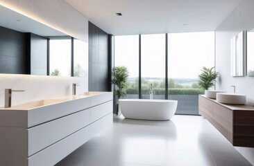 Fototapeta premium modern white bathroom interior with countertop basin, mirror and shower