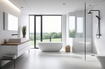 Fototapeta premium modern white bathroom interior with countertop basin, mirror and shower