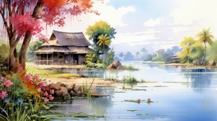 Foto op Canvas Watercolor painting hut river pixelart Thai © Kashva
