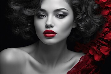 Fototapeta premium An alluringly intimate portrait of a woman's elegant features on black-and-white photograph. Her lips, painted a deep crimson, exude sensuality and mystery