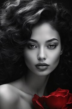 An alluringly intimate portrait of a woman's elegant features on black-and-white photograph. Her lips, painted a deep crimson, exude sensuality and mystery