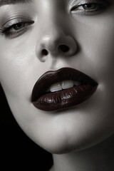 Obraz premium An alluringly intimate portrait of a woman's elegant features on black-and-white photograph. Her lips, painted a deep crimson, exude sensuality and mystery