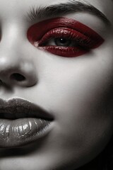 An alluringly intimate portrait of a woman's elegant features on black-and-white photograph. Her lips, painted a deep crimson, exude sensuality and mystery