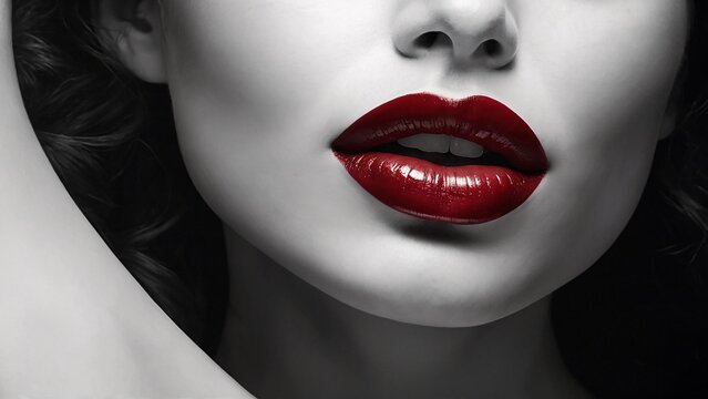 An alluringly intimate portrait of a woman's elegant features on black-and-white photograph. Her lips, painted a deep crimson, exude sensuality and mystery