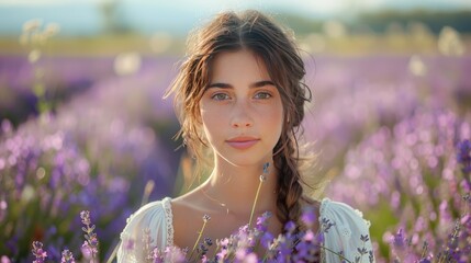 During the golden hour, a young woman with braided hair, adorned in a straw hat, beams with a smile amidst a lavender field in full bloom.
