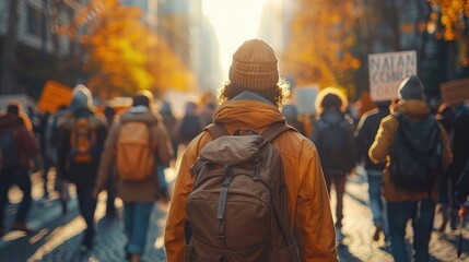 Rear view of an individual with a backpack walking through a crowded protest on a city street, with autumn leaves. - obrazy, fototapety, plakaty