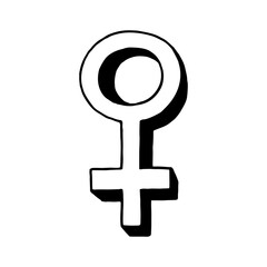 Female gender sign. Feminism. Hand drawing doodle. Outline. Isolated element. Vector illustration can be used for card, poster, banner, advertising.