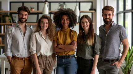 Obraz premium Portrait of successful group of business people at modern office looking at camera. Portrait of happy businessmen and satisfied businesswomen standing as a team. Multiethnic group of people smiling.