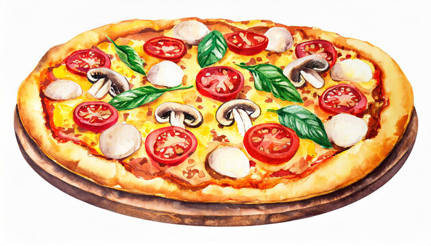 Watercolor illustration of pizza with cheese, sausage, tomatoes and mushrooms. Tasty fast food.