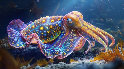 A colorful octopus with bioluminescent patterns glides elegantly over a coral reef in a captivating underwater scene.