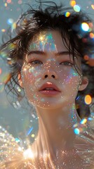 beautiful girl portrait close up, shining makeup with sparkles and rainbow highlights. fashion portrait