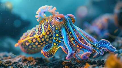 Elegantly navigating through the water, a colorful octopus adorned with bioluminescent patterns adds to the captivating allure of the underwater scene as it glides over a vibrant coral reef.