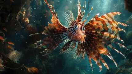 Naklejka na ściany i meble Among the rocky crevices of a sun-drenched underwater landscape, an ethereal lionfish mesmerizes with its spectacular fins, showcasing its beauty in a breathtaking display.