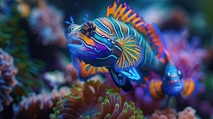 Vivid mandarin fish with striking patterns swims gracefully among the vibrant corals of a serene reef ecosystem.