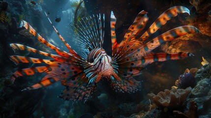 In the sun-drenched underwater landscape, among rocky crevices, an ethereal lionfish proudly displays its spectacular fins, adding to the scene's allure and beauty.