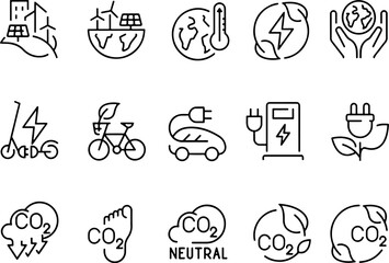 Icon set of carbon footprint, co2 neutral, free, emission, net zero, global warming, greenhouse gas effect, ecology. Simple thin line icons, flat vector. Isolated on white, transparent background