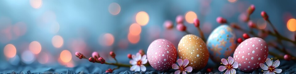 Easter concept with colorful eggs of delicate colors and flowers in a minimalist style with copy space