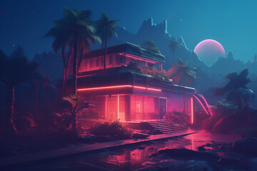 Modern house in 80s retro style in the forest, Purple neon theme