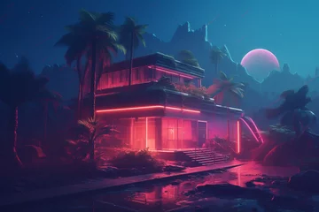 Fotobehang Modern house in 80s retro style in the forest, Purple neon theme © SOLO PLAYER