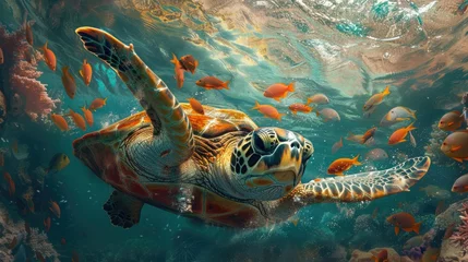 Fotobehang Navigating through a diverse underwater coral garden, a majestic hawksbill turtle is surrounded by a myriad of tropical fish, creating a captivating scene of marine life. © HappyFarmDesign
