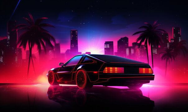 Racing retro car on a street, concept of 80s nostalgia background