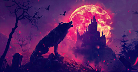 wolf howling spooky background wallpaper - obrazy, fototapety, plakaty