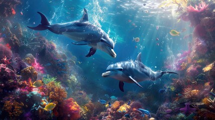 Amongst a kaleidoscope of tropical fish, joyful dolphins swim, infusing vibrant life into the colorful and bustling coral reef ecosystem. - obrazy, fototapety, plakaty