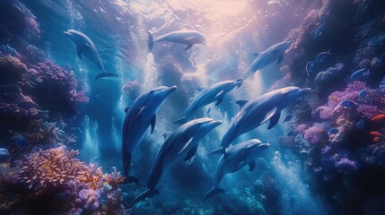 Infusing vibrant energy into the bustling coral reef ecosystem, joyful dolphins gracefully navigate through a kaleidoscope of tropical fish, adding joy and vitality to the underwater scene. - obrazy, fototapety, plakaty