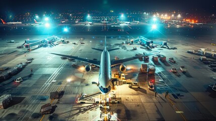 An aerial view of a commercial airplane parked at the bustling airport terminal at night, with cargo being loaded.