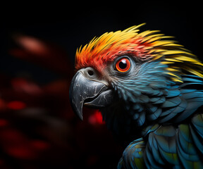 Feathered Marvel, Dragon Parrot's Brilliance Amidst Tropical Jungle. Selective focus. Closeup.