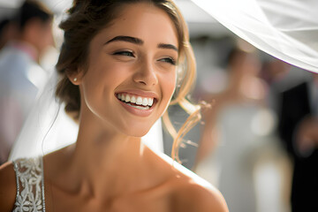 A candid photo of a young bride at her summer wedding, expressing genuine emotion. Her face radiates happiness and gratitude, capturing an authentic moment