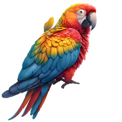 A 3D animated cartoon render of a vibrant parrot resting on a tree branch.