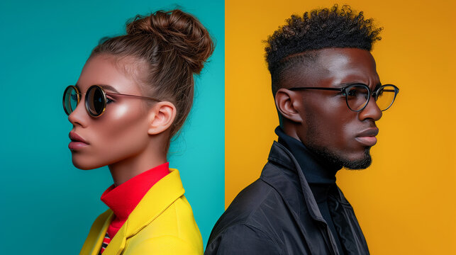 African American man and woman in stylish outfits, vibrant color background split into two different images, fashion photography