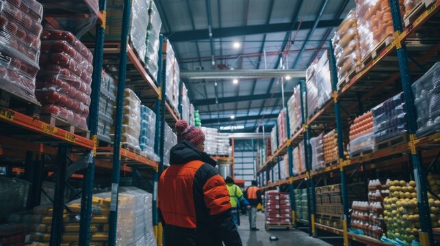 Worker in winter clothing inspects goods in a cold, large-scale warehouse distribution center, ensuring stock levels.