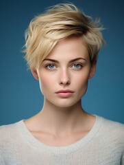 Naklejka premium young pretty woman with short blonde hair and blue eyes