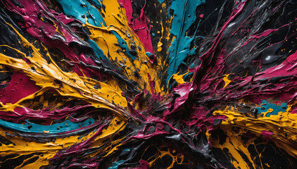a colorful abstract painting with lots of paint splattered on it's surface and a black background