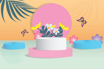 Spring podium.Abstrac background for Spring Product podium with palm tree flower and butterfly vector illustration.