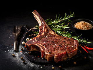 Fresh tomahawk steak with spices, salt, pepper, rosemary on beautiful dark background, front view 