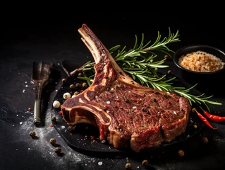 Foto op Canvas Fresh tomahawk steak with spices, salt, pepper, rosemary on beautiful dark background, front view  © Johannes