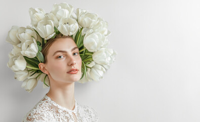 Obraz premium portrait of a beautiful woman with white tulip flowers in hair