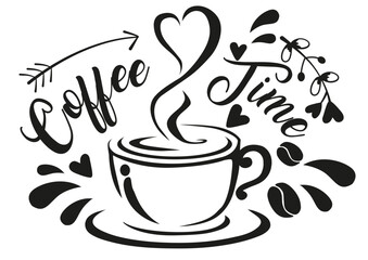 cup of coffee with heart and writing coffee time, with beans