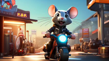 mouse，mouse on the motorcycle，Zootopia，mouse, cartoon, animal, rat, cute, illustration, funny, toon, rodent, mice, pet, happy, fun，motorcycle，cool, - obrazy, fototapety, plakaty