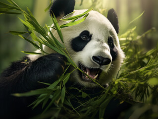 Gianta panda eating plants, panda chewing on bamboo concept, close up wallpaper hd 